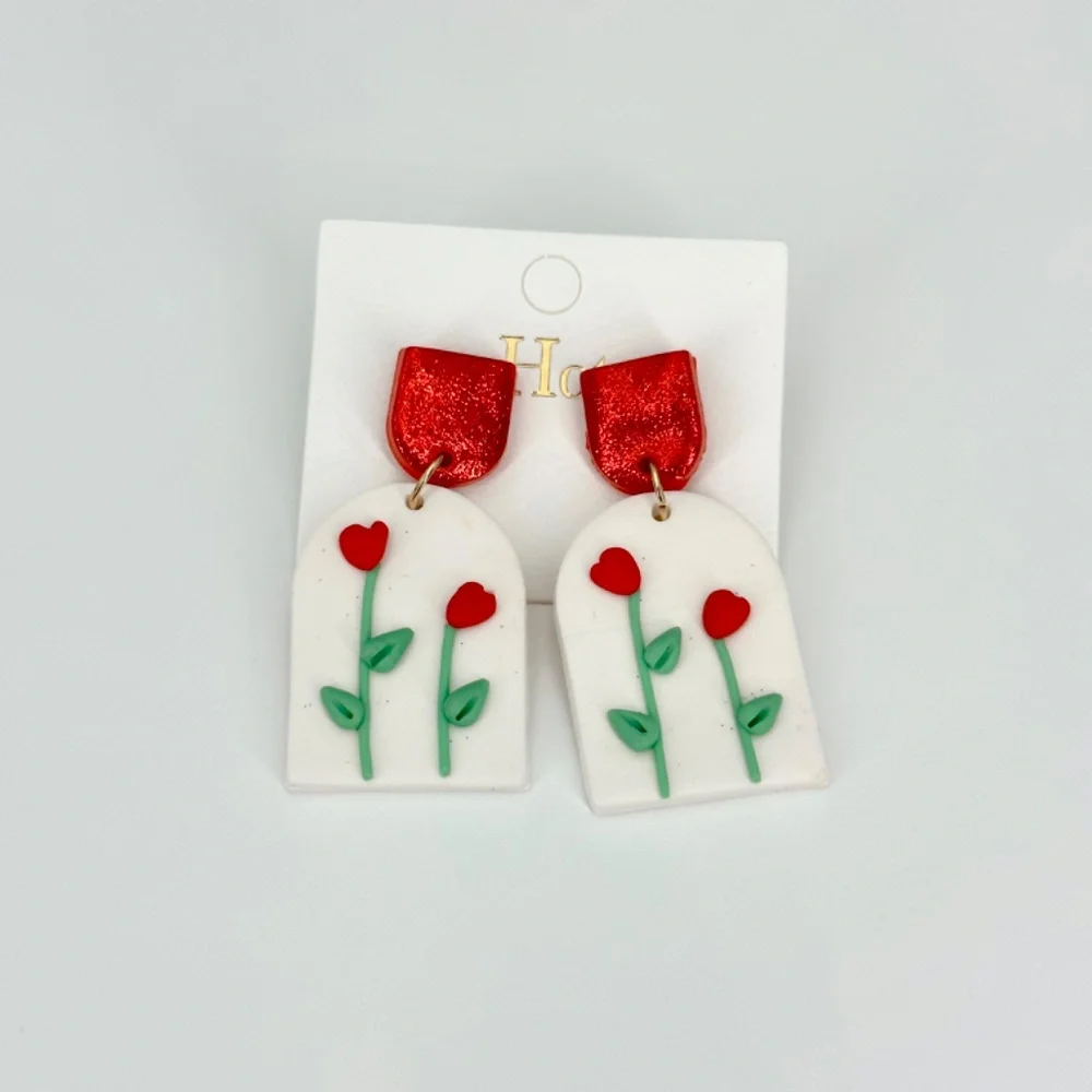 Glamorous 3D Red Floral Drop Earrings - Picture 4 of 4